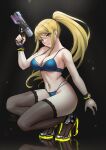  1girl black_background blonde_hair blue_bra blue_eyes blue_panties bra breasts full_body gun handgun high_heels high_ponytail highres holding holding_gun holding_weapon large_breasts long_hair looking_at_viewer metroid mole mole_under_mouth navel panties parted_lips plasma_pistol ryuuneart samus_aran sidelocks skin_tight solo squatting thighs underwear very_long_hair weapon 