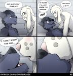 anthro black_nose canid canine canis close-up cole_(granitemcgee) comic dialogue duo eye_contact fur granitemcgee green_eyes grey_body grey_fur hi_res interspecies intimate kissing lagomorph leporid long_ears looking_at_another lucas_(granitemcgee) male male/male mammal nude pink_nose public_shower rabbit red_eyes showers smile white_body white_fur wolf