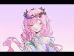  1girl :d bare_shoulders bouquet bow breasts brooch brown_flower closed_eyes commentary dress elysia_(honkai_impact) facing_viewer floating_hair flower hai_(ka21e_2) hands_up highres holding holding_bouquet honkai_(series) honkai_impact_3rd jewelry letterboxed long_hair medium_breasts pink_background pink_flower pink_hair pointy_ears purple_flower simple_background smile solo thorns twitter_username upper_body white_bow white_dress 