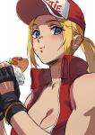  1girl bare_shoulders baseball_cap beniazumaru blonde_hair blue_eyes bread breasts cleavage eating fatal_fury fatal_fury_cap fingerless_gloves food genderswap genderswap_(mtf) gloves hat highres holding holding_food hot_dog hot_dog_bun ketchup large_breasts lettuce long_hair looking_at_viewer mustard ponytail red_vest sausage simple_background snk snk_heroines:_tag_team_frenzy solo tank_top terry_bogard the_king_of_fighters vest 