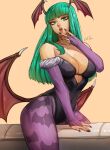  1girl animal_print artist_name bare_shoulders bat_print black_leotard black_nails blunt_bangs breasts capcom cleavage demon_girl fang gelldraws green_eyes green_hair head_wings highres hime_cut large_breasts leotard long_hair looking_at_viewer morrigan_aensland open_mouth pantyhose print_pantyhose purple_pantyhose red_wings solo strapless strapless_leotard teeth thighs upper_teeth_only vampire_(game) wings 