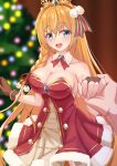  1girl bare_shoulders black_gloves blue_eyes braid breasts christmas christmas_tree cleavage collarbone commentary_request detached_collar dress fingerless_gloves fur-trimmed_dress fur_trim gloves hair_ribbon highres iseshi long_hair official_alternate_costume orange_hair pecorine_(christmas)_(princess_connect!) pecorine_(princess_connect!) princess_connect! red_dress ribbon side_braid sleeveless sleeveless_dress solo strapless strapless_dress tiara very_long_hair 