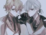  2boys black_gloves black_shirt blonde_hair brown_shirt closed_mouth faust_lavinia glasses gloves grey_background grey_hair grey_vest jacket jewelry long_sleeves looking_at_viewer mahoutsukai_no_yakusoku multiple_boys owen_(mahoutsukai_no_yakusoku) parted_lips purple_eyes red_eyes ring shindoi_(yuiyui316) shirt short_ponytail simple_background teeth vest white_jacket 