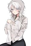  black_pants blue_eyes breasts faust_(project_moon) hair_between_eyes highres large_breasts limbus_company looking_at_viewer medium_hair mu46016419 pants project_moon shirt simple_background white_background white_shirt 