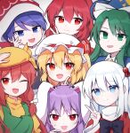 6+girls :3 :d animal_ears asymmetrical_hair beret black_bow blonde_hair blue_eyes blue_hair blue_headwear bow bowtie closed_mouth collared_shirt commentary doremy_sweet dress fang flandre_scarlet frilled_sleeves frills green_dress green_eyes green_hair hair_between_eyes hair_bobbles hair_ornament hand_on_headwear hand_on_own_cheek hand_on_own_face hand_up hat hat_bow high_collar index_finger_raised long_hair long_sleeves looking_at_viewer lop_rabbit_ears mima_(touhou) mob_cap multiple_girls nightcap okazaki_yumemi one_eye_closed open_mouth orange_(touhou) orange_hair orange_headwear orange_shirt pinafore_dress puffy_short_sleeves puffy_sleeves purple_hair rabbit_ears red_bow red_eyes red_hair reisen_udongein_inaba scratching_cheek shinki_(touhou) shirt short_hair short_sleeves side_ponytail simple_background sleeveless sleeveless_dress smile soooooook2 sweat symbol-only_commentary touhou touhou_(pc-98) upper_body v white_background white_bow white_hair white_headwear wide_sleeves 