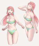  1girl akashi_(kancolle) bare_arms bare_legs bare_shoulders bikini blush breasts cleavage closed_eyes collarbone green_bikini green_eyes grey_background highres kantai_collection large_breasts long_hair looking_at_viewer multiple_views navel open_mouth pink_hair simple_background smile swimsuit yuuji_(and) 