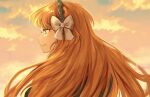  1girl bow brown_hairband closed_mouth cloud hair_bow hairband highres ishmael_(project_moon) limbus_company long_hair looking_to_the_side na-gyou_(nunumaru) orange_eyes orange_hair portrait project_moon rope smile solo sunset very_long_hair white_bow 