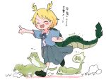  1girl antlers blonde_hair blue_shirt dragon_girl dragon_horns dragon_tail highres horns kicchou_yachie open_mouth otter otter_spirit_(touhou) rome35793562 shirt short_hair smile square_neckline tail touhou turtle_shell yellow_horns 
