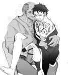  2boys ass bar_censor blush censored chest_tattoo clenched_teeth cum demorzel earrings erection facial_hair feet full-face_blush goatee highres hug japanese_clothes jewelry kimono leg_grab licking licking_another&#039;s_face male_focus monochrome multiple_boys nipples old old_man one_piece penis pussy short_hair shoulder_tattoo sitting sitting_on_lap sitting_on_person tattoo teeth thighs toes tongue tongue_out trafalgar_law trembling wide_sleeves yaoi 