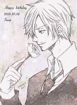  1boy commentary_request curly_eyebrows dated flower greyscale hanakotoba28 happy_birthday highres holding holding_flower jacket light_smile male_focus monochrome mustache_stubble necktie one_piece profile rose sanji_(one_piece) shirt short_hair solo upper_body 