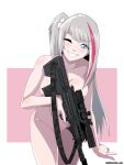  artist_name asymmetrical_bangs blue_eyes blunt_bangs breasts bullpup desert_tech_mdr girls&#039;_frontline grey_hair groin gun highres holding holding_gun holding_weapon holtzworks leaning_forward leaning_to_the_side long_bangs long_hair mdr_(girls&#039;_frontline) medium_breasts multicolored_hair nude one_eye_closed pink_background pink_hair ponytail scope side_ponytail simple_background smile teasing teeth trigger_discipline two-tone_hair v very_long_hair weapon white_background 