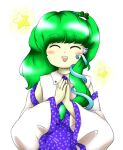  1girl :d ^_^ blue_hairband closed_eyes detached_sleeves frog_hair_ornament green_hair hair_ornament hairband hands_up kochiya_sanae long_hair long_sleeves nonamejd official_style own_hands_together shirt smile snake_hair_ornament solo star_(symbol) teeth touhou upper_teeth_only white_shirt white_sleeves zun_(style) 