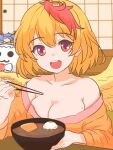 1girl absurdres animal_on_head bare_shoulders bird_wings blonde_hair bowl breasts chopsticks cleavage feathered_wings food highres holding holding_chopsticks indoors japanese_clothes kimono mole mole_on_breast multicolored_hair nito2230 niwatari_kutaka noodles on_head open_mouth orange_kimono ramen red_eyes red_hair short_hair smile solo teeth touhou two-tone_hair upper_body upper_teeth_only wings yellow_wings 