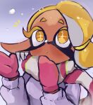  1girl :o absurdres blonde_hair colored_eyelashes commentary_request dark-skinned_female dark_skin frye_(splatoon) gradient_background highres long_pointy_ears manma_628 mittens notice_lines open_mouth pink_mittens pointy_ears purple_background scarf short_hair snowing solo splatoon_(series) splatoon_3 star-shaped_pupils star_(symbol) symbol-shaped_pupils tentacle_hair thick_eyebrows upper_body yellow_eyes 