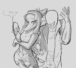 5_fingers anon_(snoot_game) anthro bald bone_frill bottomwear breasts cigarette clothing crop_top duo faceless_character faceless_human faceless_male fang_(gvh) female female_anthro female_on_human fingers foxu frill_(anatomy) goodbye_volcano_high hair head_crest head_frill human jacket long_hair male male/female male_on_anthro mammal markings midriff monochrome pants pterodactylus pterosaur reptile scalie shirt short_tail simple_background smile smoke smoking snoot_game snout striped_frill striped_markings striped_tail stripes tail tail_markings topwear torn_bottomwear torn_clothing torn_pants wings