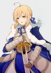  1girl absurdres ahoge armor armored_dress artoria_pendragon_(fate) blonde_hair blue_cloak blue_ribbon cloak double-parted_bangs dress excalibur_(fate/stay_night) fate/grand_order fate_(series) faulds fur-trimmed_cloak fur_trim gauntlets green_eyes hair_between_eyes hair_ribbon hand_on_blade hands_on_hilt highres open_mouth penichet ribbon saber_(fate) solo sword weapon 