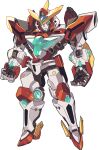  arms_at_sides bang_brave_bang_bravern blade_(galaxist) bravern clenched_hand full_body glowing glowing_eyes green_eyes highres looking_ahead mecha no_humans open_hand robot science_fiction simple_background solo standing super_robot v-fin white_background yuuki_bakuhatsu_bang_bravern 