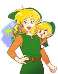 blonde_hair blue_eyes clothing duo elf hair hat headgear headwear humanoid humanoid_pointy_ears hylian light_body light_skin link link&#039;s_awakening male nintendo not_furry open_mouth open_smile signature simple_background smile square_crossover the_legend_of_zelda tnp