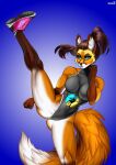 abs anthro athletic athletic_anthro athletic_female big_breasts breasts butt canid canine clothed clothing digital_media_(artwork) female fluffy fluffy_tail footwear fox fur hair hi_res kick mammal shoes simple_background slim sneakers solo tail zhadart