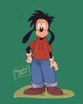 anthro bottomwear canid canine clothing disney floppy_ears footwear gloves goof_troop green_background handwear hi_res looking_at_viewer male mammal max_goof oama_000 pants shirt shoes simple_background solo topwear