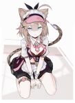  1girl absurdres ahoge animal_ear_fluff animal_ears apron black_choker blue_eyes breasts brown_hair cat_ears cat_girl cat_tail choker cleavage closed_mouth error1980 green_eyes hair_between_eyes heterochromia highres honkai_(series) honkai_impact_3rd looking_at_viewer maid medium_breasts pardofelis_(honkai_impact) puffy_short_sleeves puffy_sleeves short_sleeves sitting skirt smile solo tail thigh_strap waist_apron white_apron 