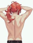  1boy arupi_art back belt black_pants diluc_(genshin_impact) genshin_impact highres long_hair male_focus pants ponytail red_hair solo standing topless_male white_background 