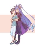  2girls alonemistrist antenna_hair black_dress black_hair blue_hair blue_shirt dragalia_lost dress hair_between_eyes hug hug_from_behind long_hair multicolored_hair multiple_girls open_mouth origa_(dragalia_lost) pants regina_(dragalia_lost) shirt short_hair siblings sisters step-siblings two-tone_hair very_long_hair white_hair white_pants yellow_eyes 