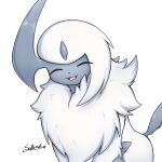  absol animal_focus closed_eyes fang forehead_jewel happy horns mane no_humans open_mouth pokemon pokemon_(creature) signature simple_background single_horn sitting smile soruva_359 tail white_background white_fur 