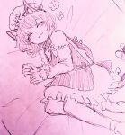  1girl animal_ear_fluff animal_ears cat_ears cat_tail chen closed_eyes closed_mouth commentary_request dress flower frills full_body hat highres juliet_sleeves long_sleeves lying mob_cap monochrome moromoro multiple_tails nekomata on_bed on_side puffy_sleeves short_hair sketch sleeping smile solo tail touhou two_tails 