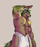 anthro bonemeal bottomwear brown_body brown_fur canid canine canis claws clothing fur loincloth male mammal moss muscular muscular_male nipples open_mouth plant shaded simple_background solo tail tail_motion tailwag vines were werecanid werecanine werewolf wolf