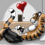 &lt;3 bed bedroom belly_hug clothing door duo embrace eyes_closed felid feral furniture hand_on_partner holding_belly human jeremiah_leckrone looking_down lying male male/male mammal nero_(shorty) on_top oral_vore pantherine size_difference smile soft_vore tail tiger vore