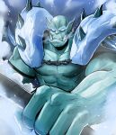  1boy abs alternate_universe bald blue_eyes blue_skin blurry blurry_background breath chain clenched_teeth cold collarbone colored_skin frost garrosh_hellscream gegegekman glowing glowing_eyes hearthstone holding holding_weapon ice male_focus mountain muscular muscular_male official_alternate_costume orc pectorals pointy_ears solo spikes teeth topless_male tusks undead upper_body warcraft weapon world_of_warcraft 
