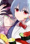  1boy 1girl blue_hair breasts commentary_request food grey_hair hat highres inkamuko kura_sushi large_breasts looking_at_viewer red_eyes short_hair sunglasses sushi upper_body user_tcjn5344 waruiman 