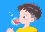  air_bubble blue_background blush brown_hair bubble gake_no_ue_no_ponyo highres kiss klarogiraffe looking_at_another orange_hair ponyo shirt simple_background sousuke_(ponyo) surprise_kiss surprised yellow_shirt 