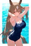  1girl ai-generated animal_ears arms_behind_head blue_one-piece_swimsuit breasts brown_eyes brown_hair competition_school_swimsuit cowboy_shot e-ko_(eko00) highres horse_ears horse_girl horse_tail large_breasts long_hair looking_at_viewer one-piece_swimsuit satono_diamond_(umamusume) school_swimsuit solo swimsuit tail tracen_swimsuit umamusume water wet 