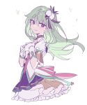  1girl back_bow bow dress frilled_dress frills gloves green_hair hair_flaps hands_up highres kusanagi_nene long_hair low-tied_sidelocks pink_bow project_sekai puffy_short_sleeves puffy_sleeves purple_eyes ryoung476 short_sleeves simple_background skirt solo upper_body white_background white_gloves 