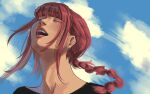 1girl bimbee_1106 black_shirt blue_sky chainsaw_man closed_eyes cloud day highres long_hair makima_(chainsaw_man) open_mouth outdoors ponytail portrait red_hair shirt sky solo teeth upper_teeth_only 