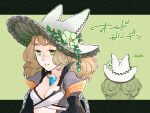  1girl animal_ear_headwear animal_ears blue_gemstone blush breasts brown_hair cleavage closed_mouth coat commentary_request expressionless fake_animal_ears flower freckles gem green_eyes green_flower grey_coat grey_headwear hat hat_flower highres jewelry long_hair looking_down multiple_views necklace plant ragnarok_online short_bangs small_breasts translation_request tsutsuga upper_body vines warlock_(ragnarok_online) witch_hat 