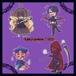  2023 2boys 2girls 793_(oo793oo) alcryst_(fire_emblem) anklet barefoot black_dress black_gloves black_wings blonde_hair blue_headwear brown_hair celine_(fire_emblem) chain chibi choker dark-skinned_male dark_persona dark_skin demon_boy demon_tail dress facial_mark fallen_angel fire_emblem fire_emblem_engage fogado_(fire_emblem) full_body ghost gloves green_eyes hair_between_eyes hair_rings halloween halloween_costume happy_halloween hat heart heart_facial_mark holding holding_scythe holding_sword holding_weapon hortensia_(fire_emblem) jewelry jiangshi long_sleeves looking_at_viewer midriff multiple_boys multiple_girls navel ofuda open_mouth pink_eyes pink_hair purple_background purple_hair qingdai_guanmao red_eyes red_hood red_wings scythe sitting sleeves_past_fingers sleeves_past_wrists sword tail teardrop wariza weapon wings 