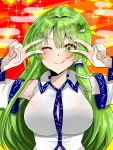  1girl :q armpits blush breasts collar collared_shirt detached_sleeves double_v frog_hair_ornament green_eyes green_hair hair_ornament highres kochiya_sanae large_breasts long_hair looking_at_viewer midriff nontraditional_miko one_eye_closed saru_fwm12 shirt single_hair_tube single_sidelock sleeveless sleeveless_shirt smile solo tongue tongue_out touhou upper_body v white_collar white_shirt wide_sleeves 