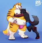 anthro arms_around_partner belly belly_grab belly_to_belly big_belly bulge canid canine clothing duo embrace facial_piercing fox hi_res hug jumping male male/male mammal navel nipples nose_piercing open_mouth overweight overweight_anthro overweight_male pawpads paws piercing size_difference skaifox smaller_male smile soft_belly standing tail tattoo underwear