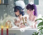  2girls bath bathing bathroom bathtub black_hair black_nails blue_hair blush breasts candle closed_mouth commentary english_commentary fire from_side hair_between_eyes indoors ji-yoon_(jourd4n) jourd4n knees_up medium_breasts minori_yume_(jourd4n) multiple_girls nail_polish nude original parted_lips partially_submerged pink_hair plant purple_hair red_eyes shared_bathing shelf slime_(substance) soap_bubbles sponge tile_wall tiles 