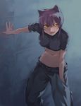  animal_ears babydoll_t-shirt cargo_pants crop_top deyuuku fangs glowing glowing_eyes kaibutsu_oujo midriff navel pants purple_hair riza_wildman short_hair solo yellow_eyes 