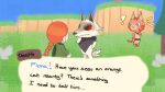 animal_crossing anthro canid canine canis death_(puss_in_boots) dialogue dialogue_box domestic_cat dreamworks exclamation_point felid feline felis female fur grass green_eyes group hair hand_on_hip hill human looking_at_another male mammal nature nature_background nintendo orange_body orange_fur orange_hair plant princess_fiona puss_in_boots_(character) puss_in_boots_(dreamworks) red_eyes sanppa_popo standing surprised_expression tabby_cat tree trio white_body white_fur wolf