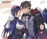  1boy 1girl black_choker black_hair blue_capelet blue_eyes breasts capelet choker clorinde_(genshin_impact) commentary commission corset cup eye_contact genshin_impact gloves grin holding holding_cup long_hair looking_at_another medium_breasts purple_hair short_sleeves smile soc_nau teacup upper_body very_long_hair white_background white_gloves wriothesley_(genshin_impact) 