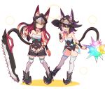  2girls :o animal_ears ankle_boots ball_and_chain_(weapon) black_choker black_footwear black_hair black_headwear black_panties black_shirt black_shorts black_sleeves blue_hair boots cat_ears cat_girl cat_tail choker commentary cougar_(cougar1404) cross crotch_cutout detached_collar detached_sleeves ears_through_headwear green_eyes grey_thighhighs hand_to_own_mouth hat heart jagged_sword levilina_(cougar1404) long_hair looking_at_viewer medium_hair multicolored_hair multiple_girls no_pants open_mouth original panties parted_lips pink_hair pointy_footwear prototype_design ribbed_thighhighs rubirina_(cougar1404) shirt shorts siblings sisters smile standing standing_on_one_leg strapless strapless_shirt tail thighhighs twins two-tone_hair underwear white_background white_thighhighs witch_hat 