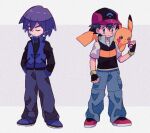  2boys animal_on_shoulder ash_ketchum baseball_cap black_gloves black_hair black_pants black_shirt blue_footwear blue_jacket blue_pants bright_pupils brown_eyes closed_eyes determined fingerless_gloves full_body gloves grey_background hand_up hands_in_pockets hat high_collar highres holding holding_poke_ball jacket looking_to_the_side male_focus mgomurainu multicolored_clothes multicolored_headwear multiple_boys on_shoulder pants partially_unzipped paul_(pokemon) pikachu poke_ball pokemon pokemon_(anime) pokemon_(creature) pokemon_dppt_(anime) pokemon_on_shoulder purple_hair red_footwear shirt short_hair simple_background standing turtleneck_shirt white_shirt 
