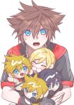  2girls 3boys absurdres black_coat black_gloves black_shirt blue_eyes blush chain_necklace closed_eyes coat fingerless_gloves gloves gongju_s2 highres jewelry kingdom_hearts kingdom_hearts_358/2_days kingdom_hearts_birth_by_sleep kingdom_hearts_ii mini_person miniboy minigirl multiple_boys multiple_girls namine necklace open_mouth roxas shirt simple_background size_difference sweatdrop tongue ventus_(kingdom_hearts) white_shirt xion_(kingdom_hearts) 