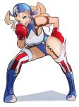  1girl absurdres ahoge bandana blonde_hair blue_bandana blue_eyes blue_leotard boots boxing_gloves breasts cleavage full_body highres justice_gakuen large_breasts leotard long_hair looking_at_viewer meke_(77842928) open_mouth smile solo thigh_boots tiffany_lords united_states white_background 