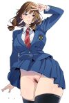  1girl blue_eyes character_request copyright_request female_pubic_hair karube_guri low_twintails miniskirt necktie no_panties original pubic_hair school_uniform skirt sweat thick_thighs thighhighs thighs twintails v 